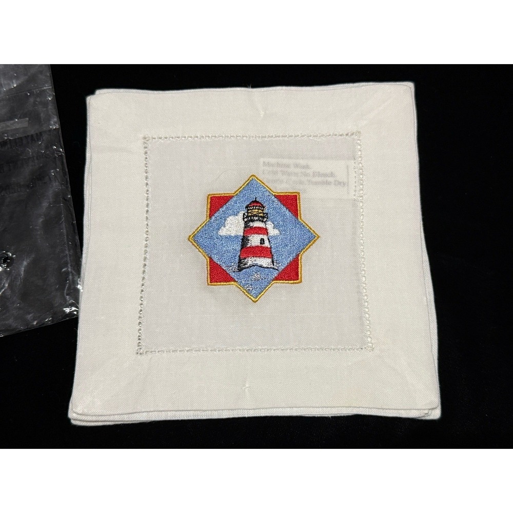 NEW Embroidered Beach Coast Oceanside Napkins 6" x 6" Set Of 4 Lighthouse Boats